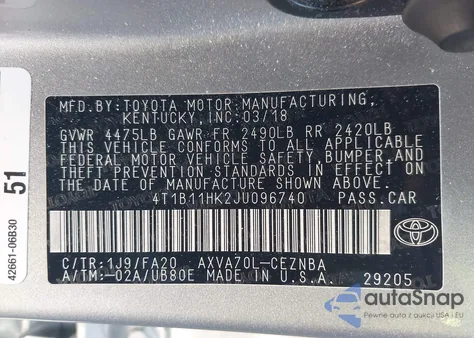 2018 Toyota Camry Le from USA, damaged, VIN 4T1B11HK2JU096740